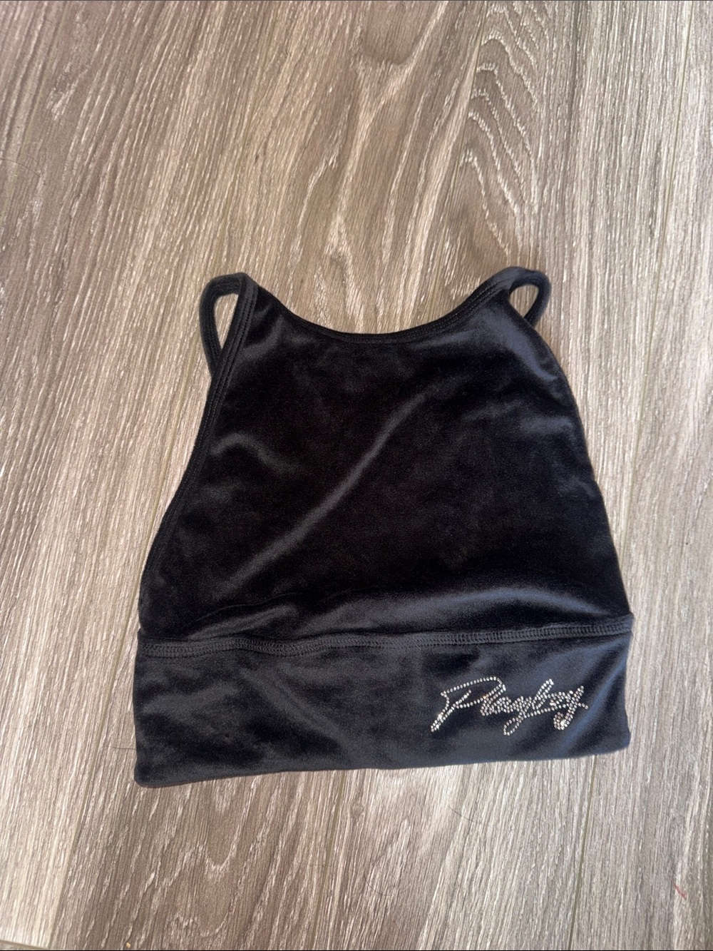 PLAYBOY Black Velvet Crop Tank with Rhinestone Script